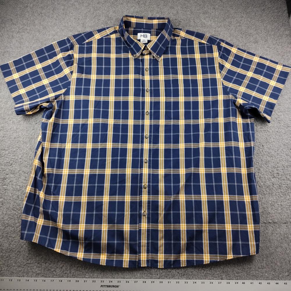 HB Harbor Bay Shirt Button Down Mens 3XL Plaid Navy Yellow Short Sleeve EUC